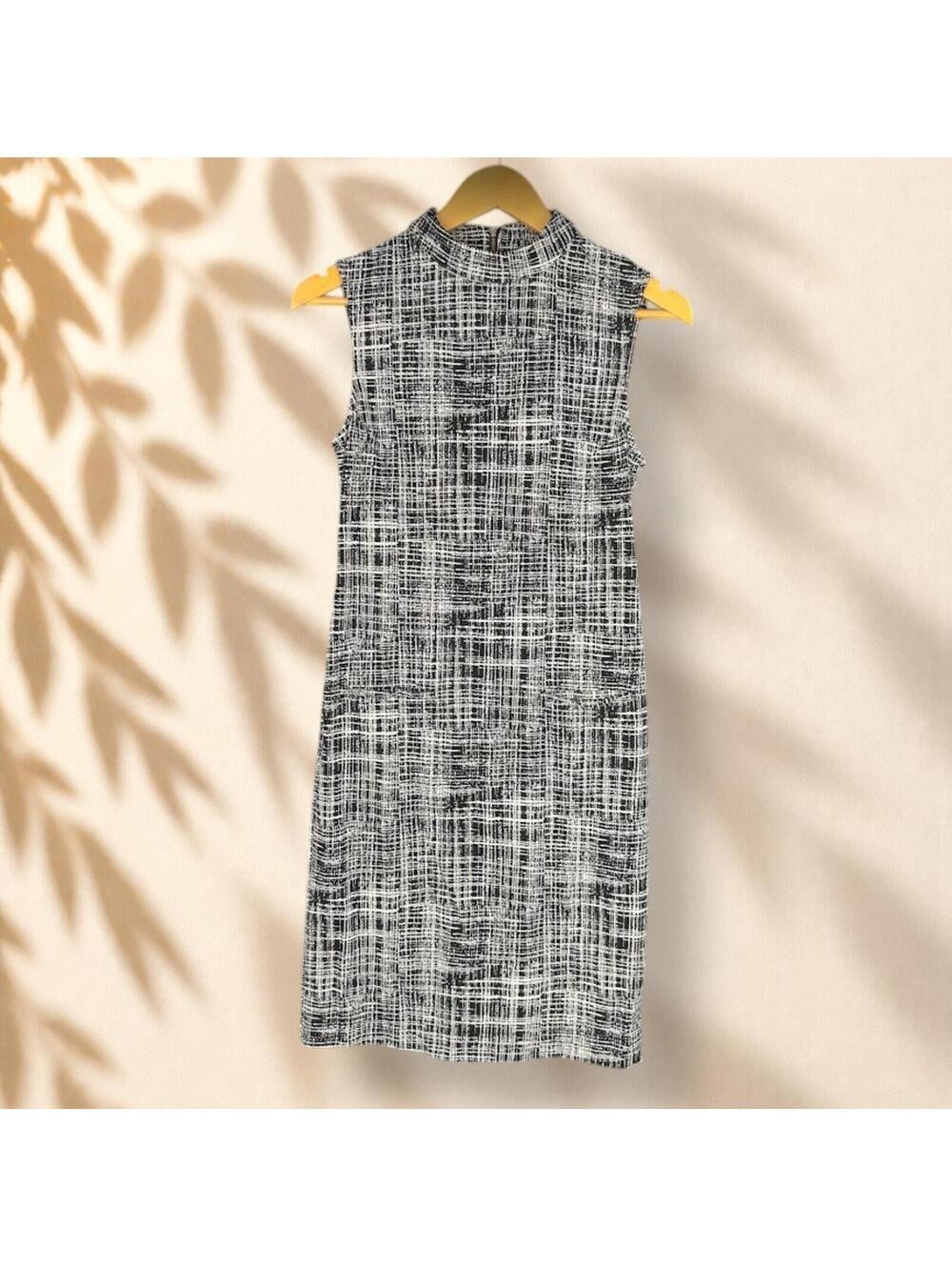Sharagano Dress Women 2 Black Plaid Shift Midi Zipper Sleeveless Crew Neck
